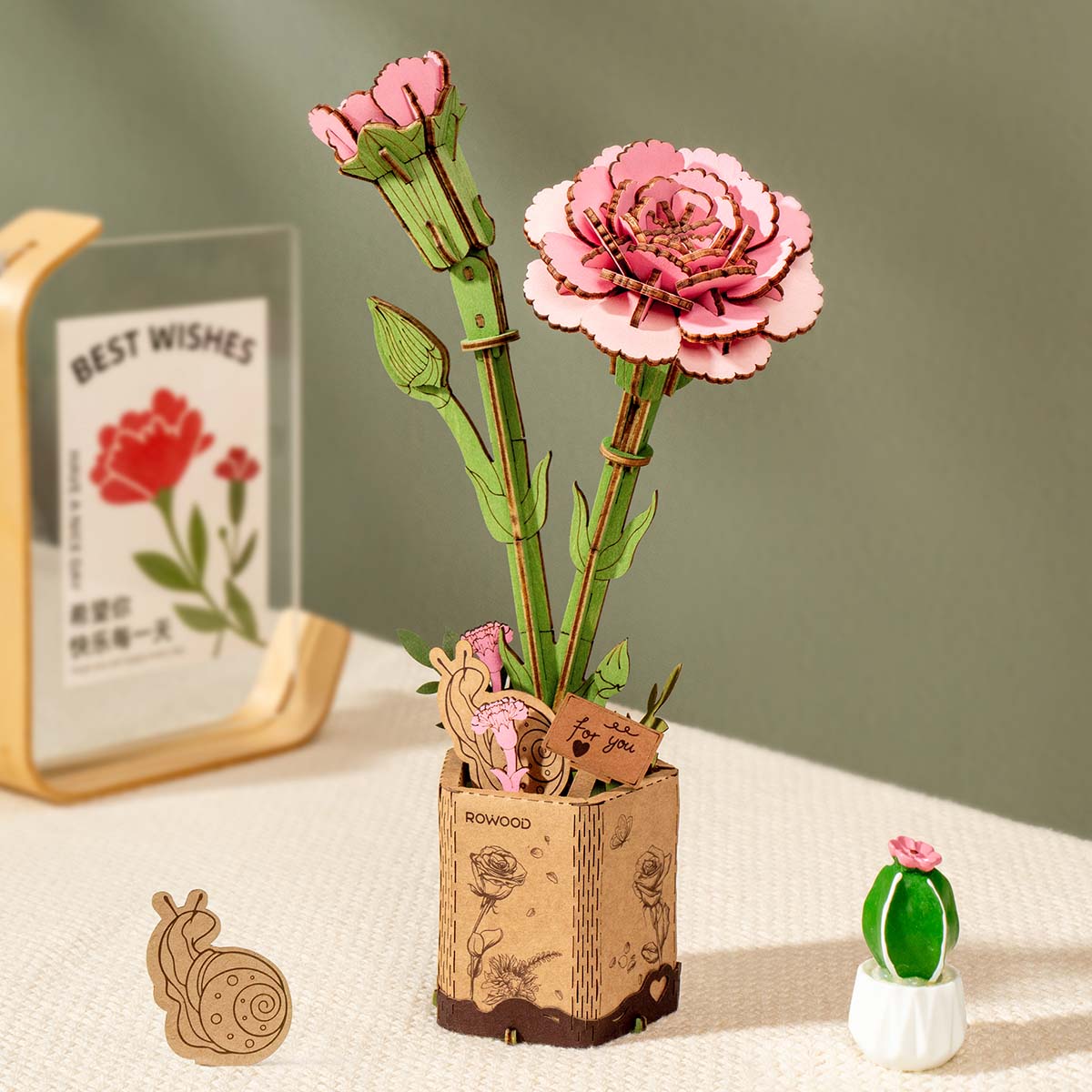 Rowood Pink Carnation DIY Wooden Flower 3D Puzzle TW051