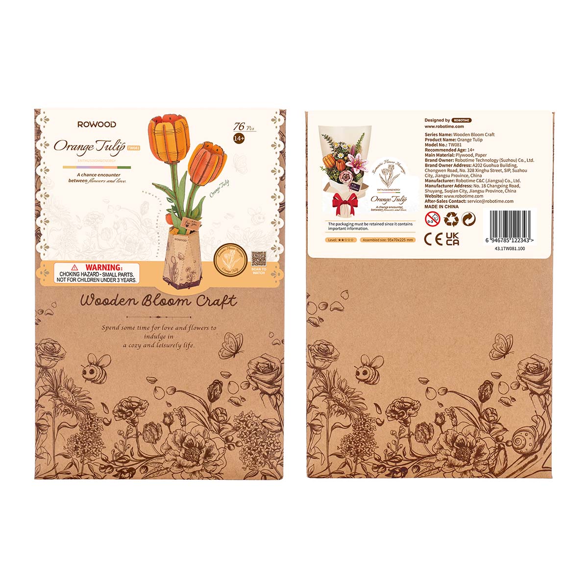 Puzzle 3D en bois Rowood DIY Fleur Tulipe Orange TW081