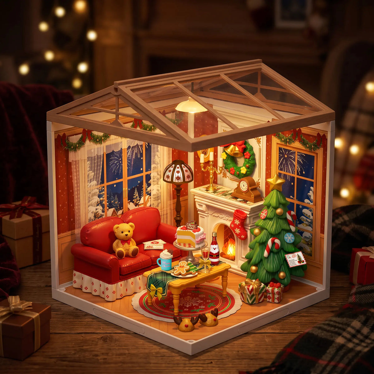 Rolife miniature Christmas living room diorama with red sofa, teddy bear, decorated tree, fireplace and glowing lamp, displayed on wood with wrapped gifts.