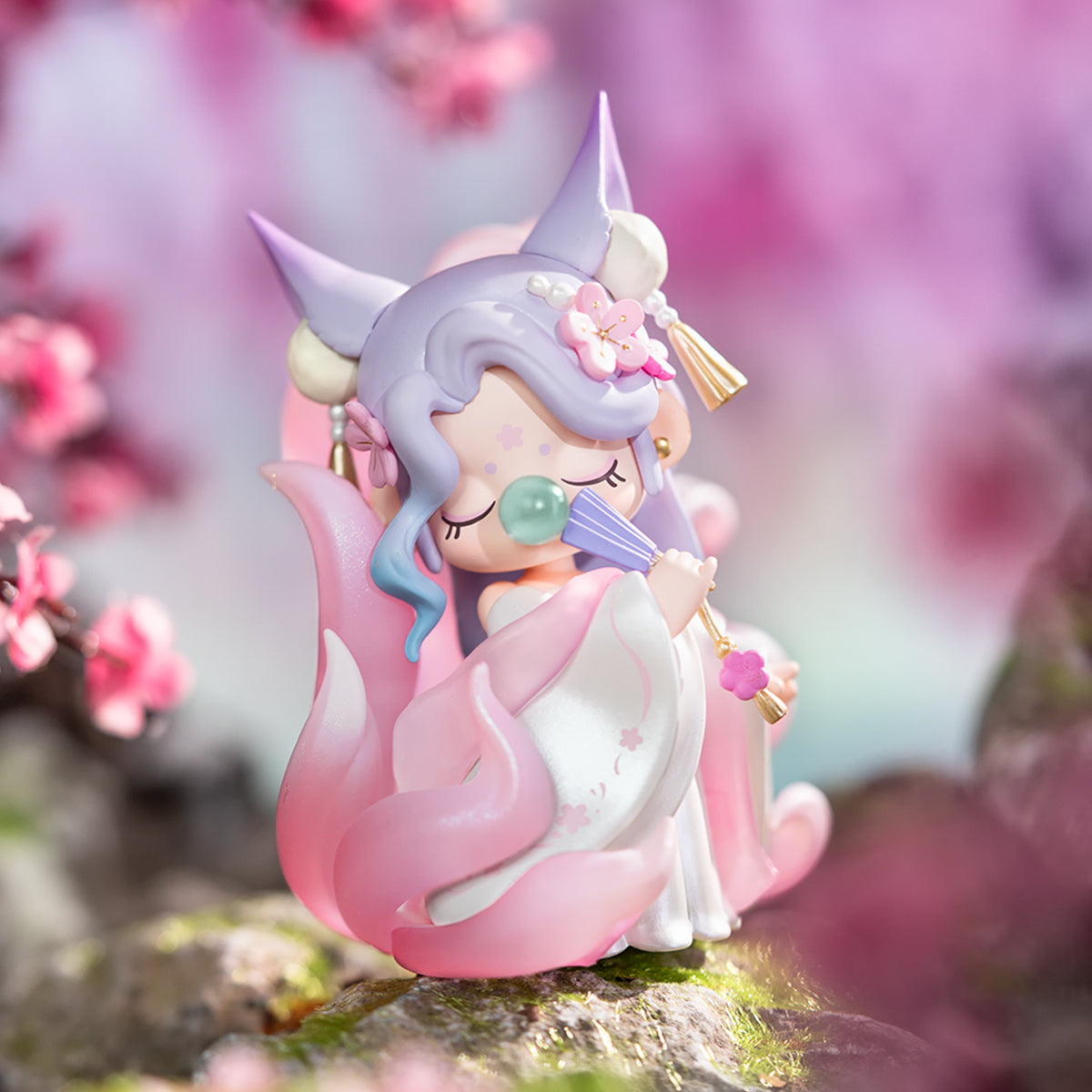 Rolife Nanci Oriental Auspiciousness collectible doll in full view showing the layered hanfu skirt with blue floral