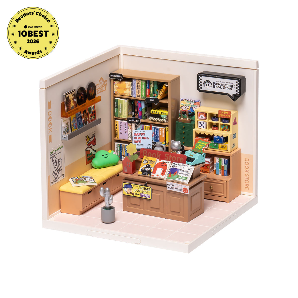 Rolife Super Creator Fascinating Book Store DW004 DIY book nook miniature kit, exploded view of components and parts