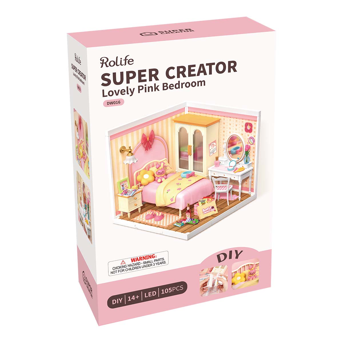 Rolife Lovely Pink Bedroom DIY Miniature House DW016