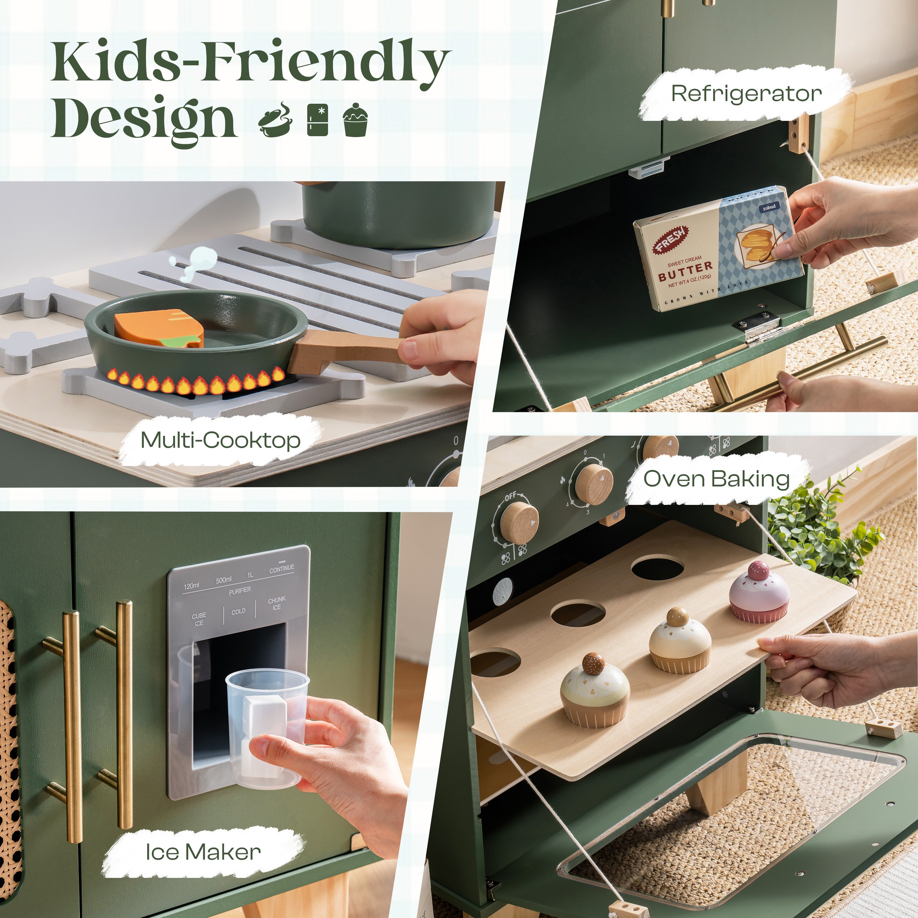 ROBUD Wooden 3 Pieces Kids Kitchen Playset - Vintage Green