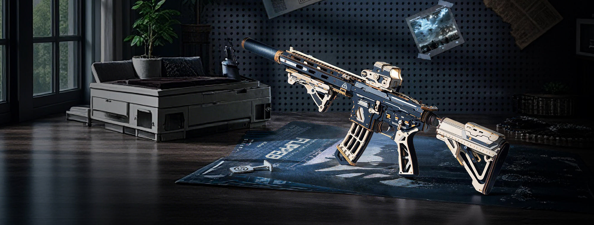 Wooden Robotime M416 carbine model displayed on a blue rug in a dimly lit living room with a sofa in the background
