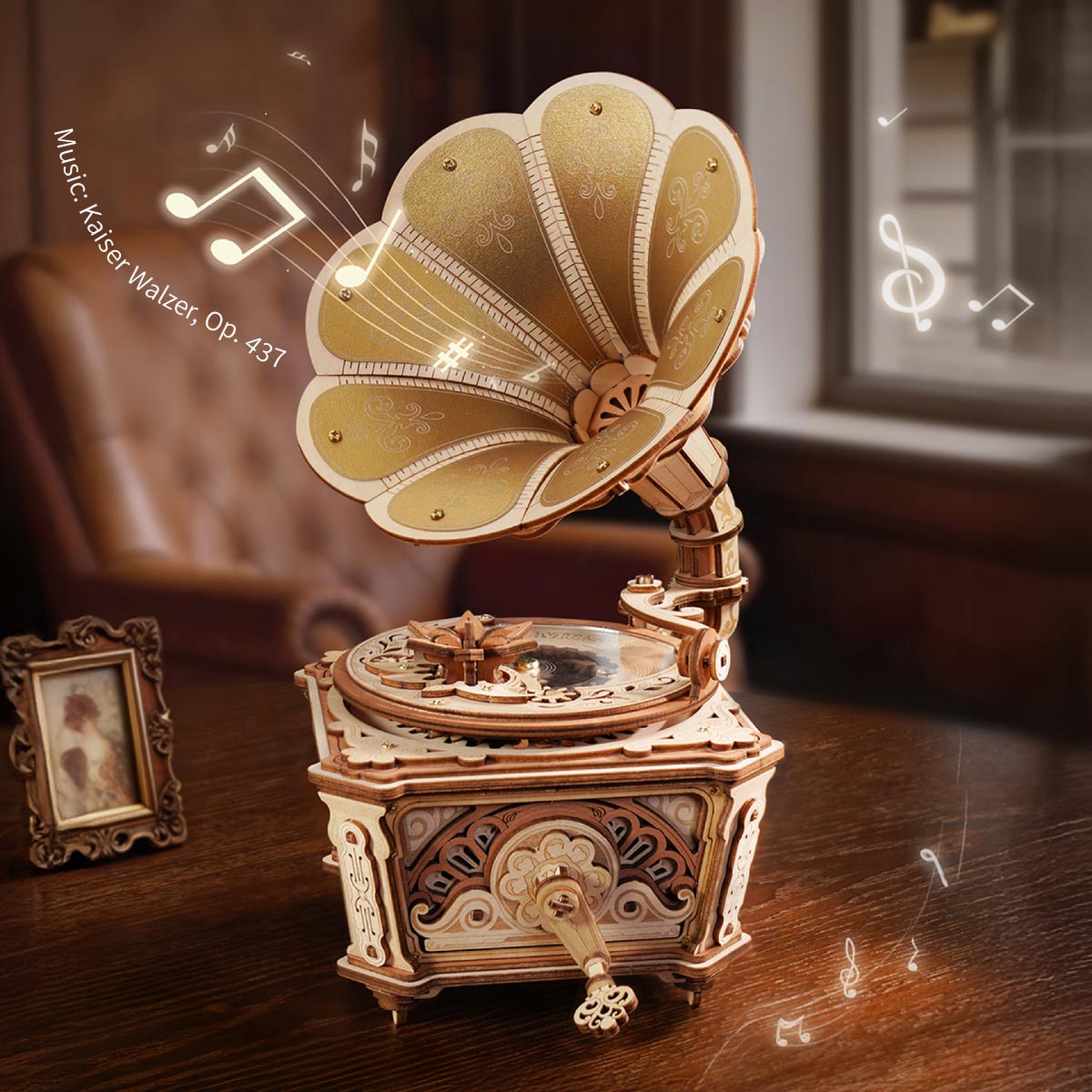 ROKR Diva Gramophone Music Box Wooden 3D Puzzle AMK82 3D wooden music box, close-up of interior components and accessories