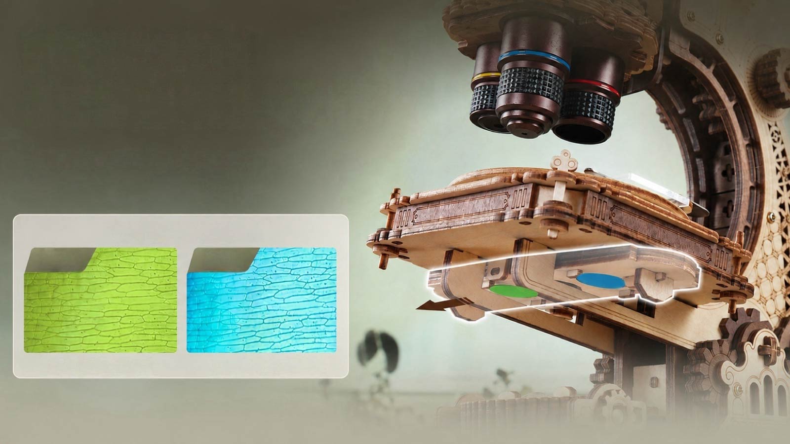 ROKR wooden microscope puzzle beside two panels showing green and teal fabric specimens as seen through the lens.