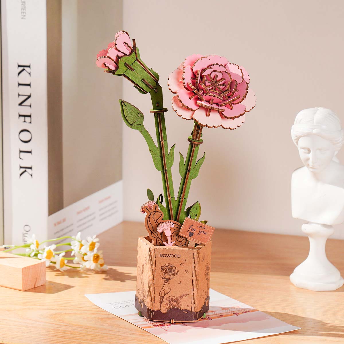 Rowood Pink Carnation DIY Wooden Flower 3D Puzzle TW051