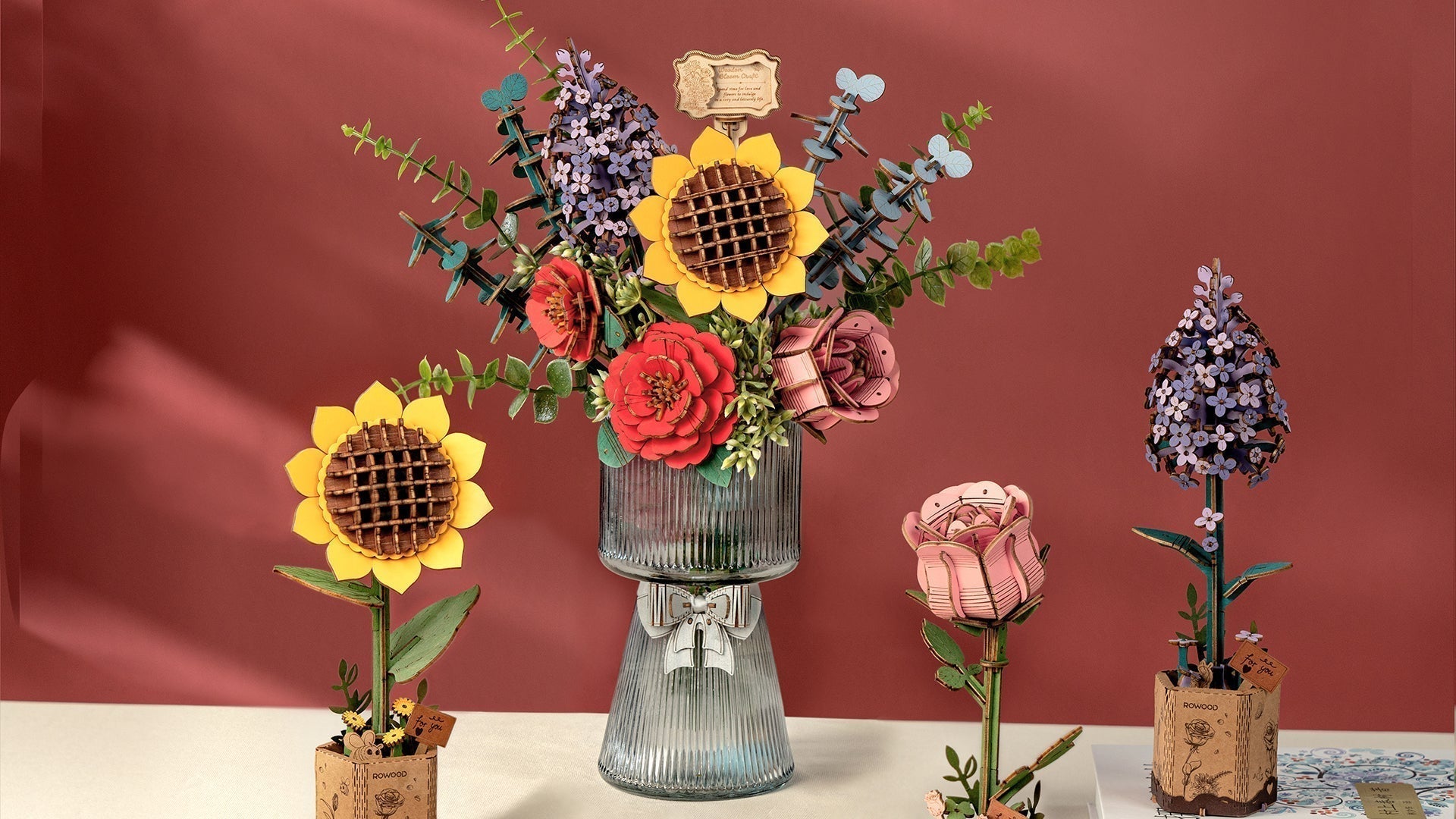 Banner Rowood DIY Wooden Flower Bouquet 3D Wooden Puzzle Aassembly Guide