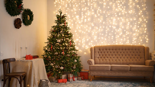 Festive Interior with Comfortable Sofa and Decorated Christmas Tree