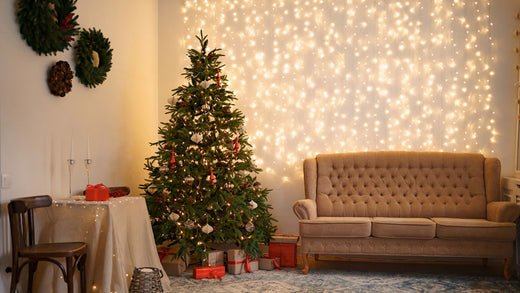 Festive Interior with Comfortable Sofa and Decorated Christmas Tree