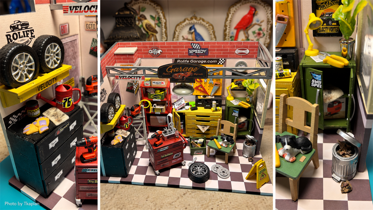 Tkaplan's customized Rolife Garage Workshop with close-up views of the tools, dog and silver trash can