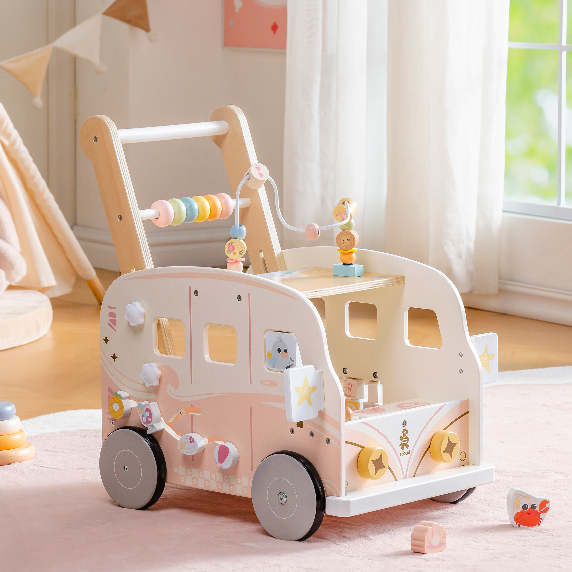 ROBUD Wooden Baby Push Walker - Pink Vacation Bus	