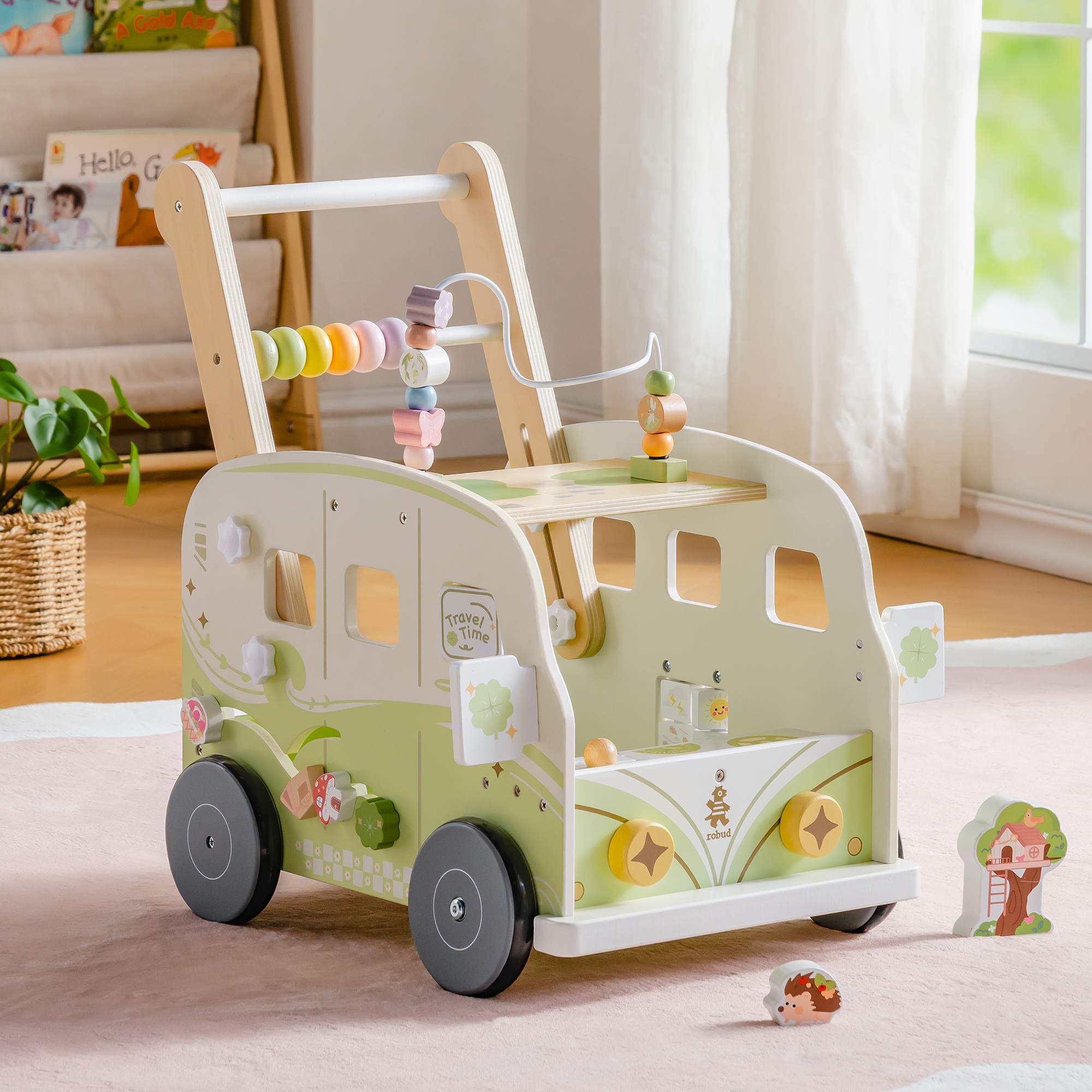 ROBUD Wooden Baby Push Walker - Green Vacation Bus	