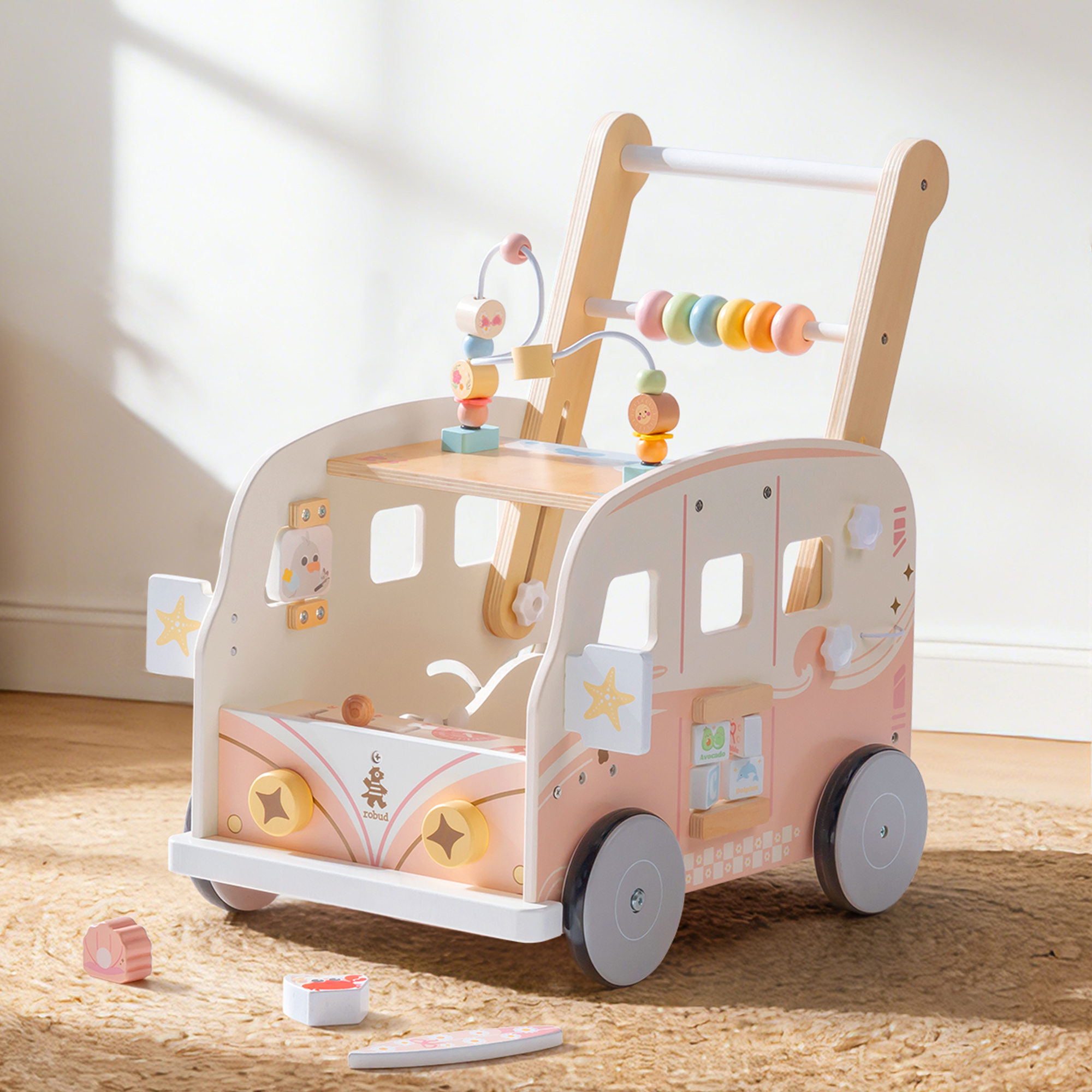 ROBUD Wooden Baby Push Walker - Pink Vacation Bus	
