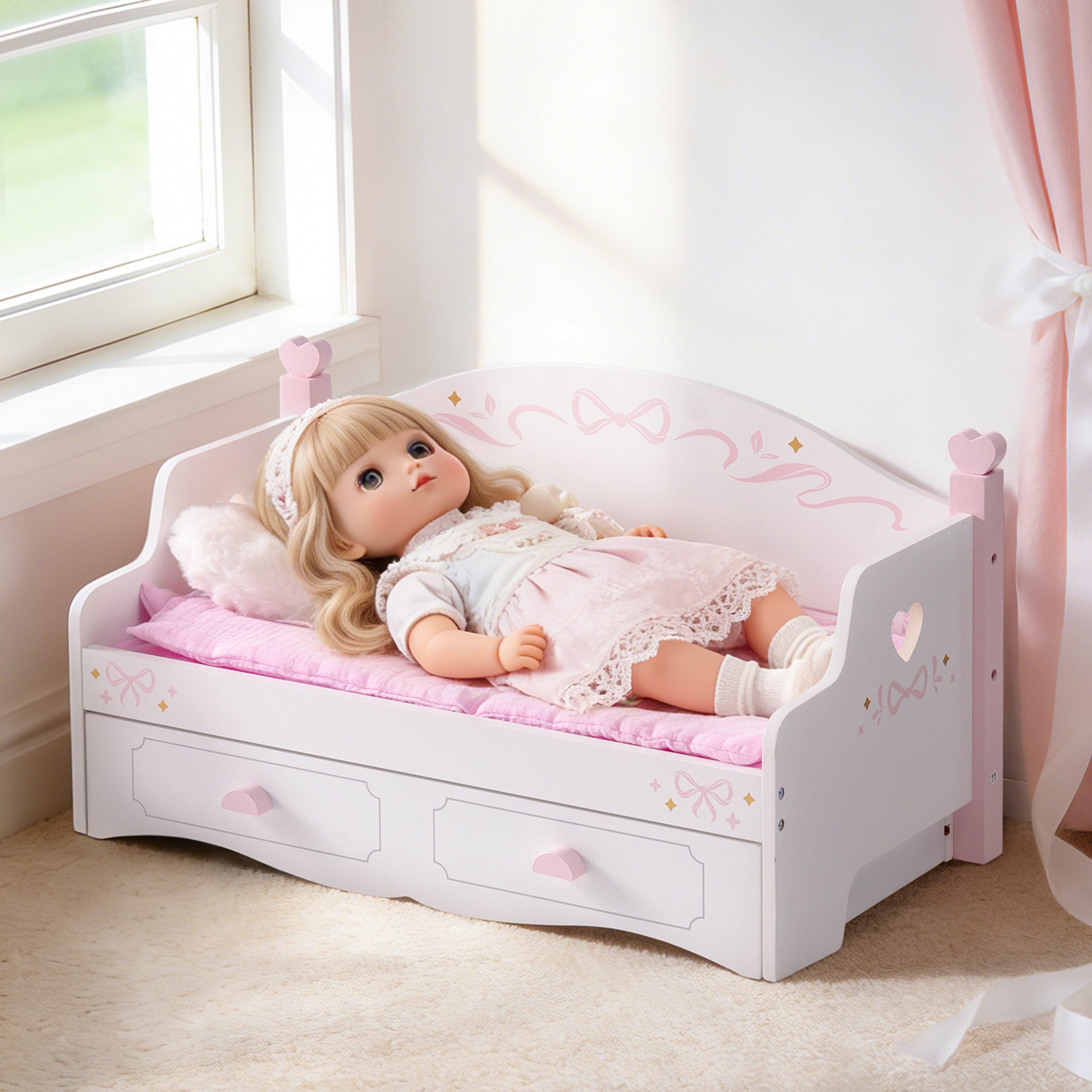 ROBUD Wooden All-in-One Baby Doll Doll Bunk Bed Sofa with Mattress	