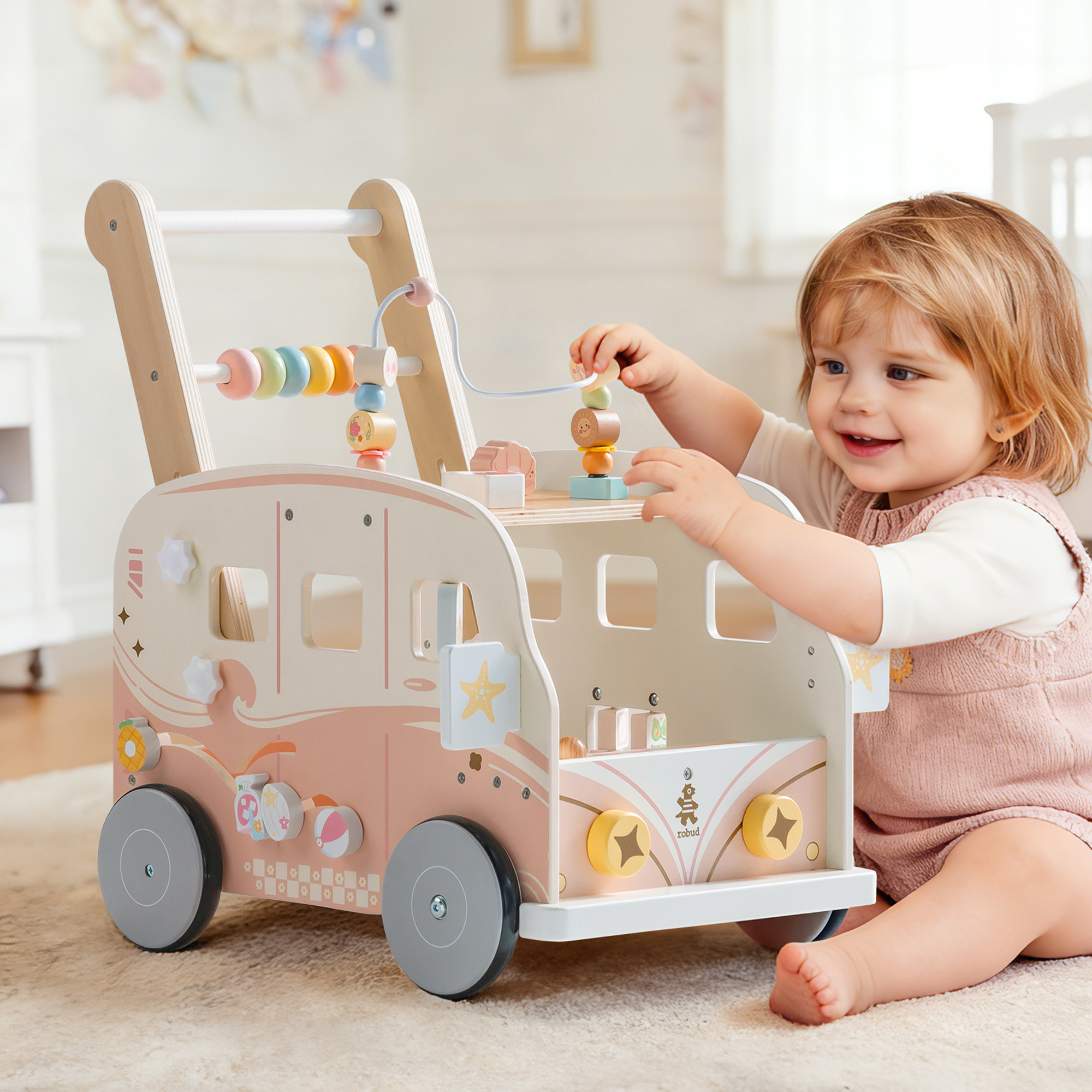 ROBUD Wooden Baby Push Walker - Pink Vacation Bus	