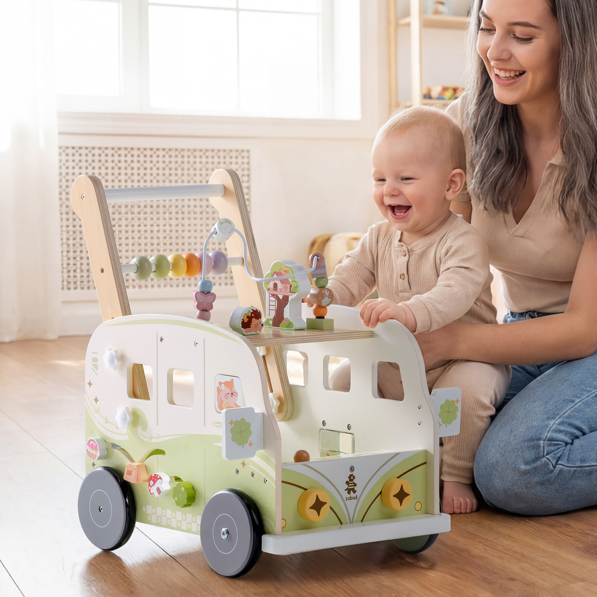 ROBUD Wooden Baby Push Walker - Green Vacation Bus	