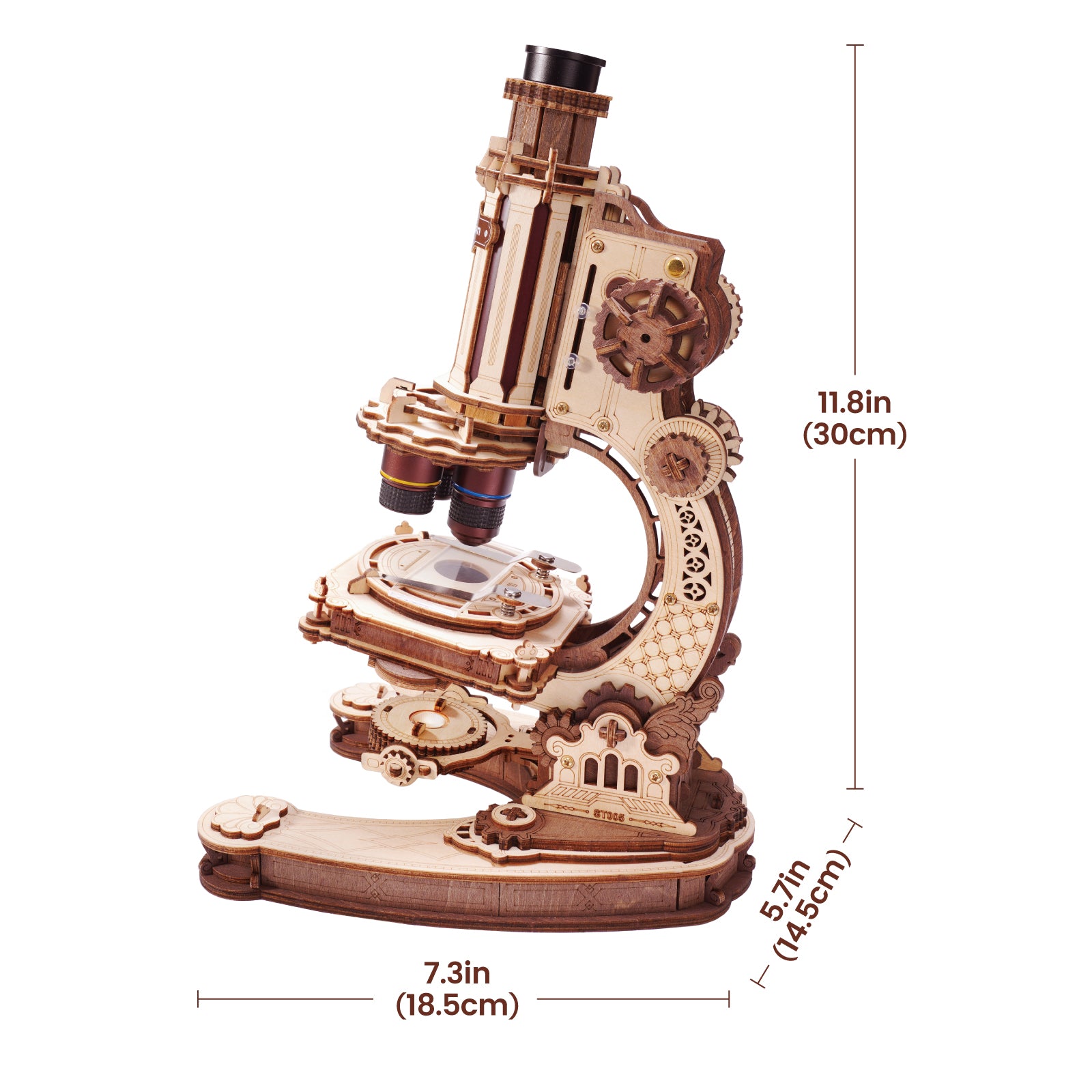ROKR wooden microscope model shown at an angle with dimension labels indicating 30 cm height and 18.5 cm base width