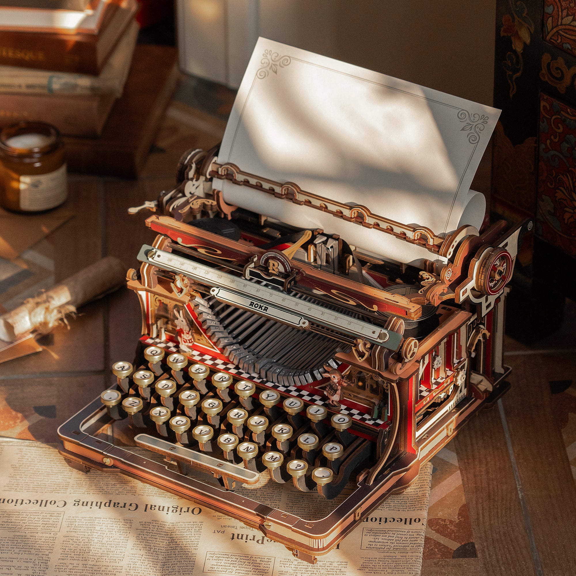 ROKR Mechanical Typewriter Wooden 3D Puzzle LK703C (Magic Version) LK703C, close-up of interior components and accessories