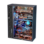 ROKR Parallel World marble run cabinet with bright pipes, gauges, and size markers.