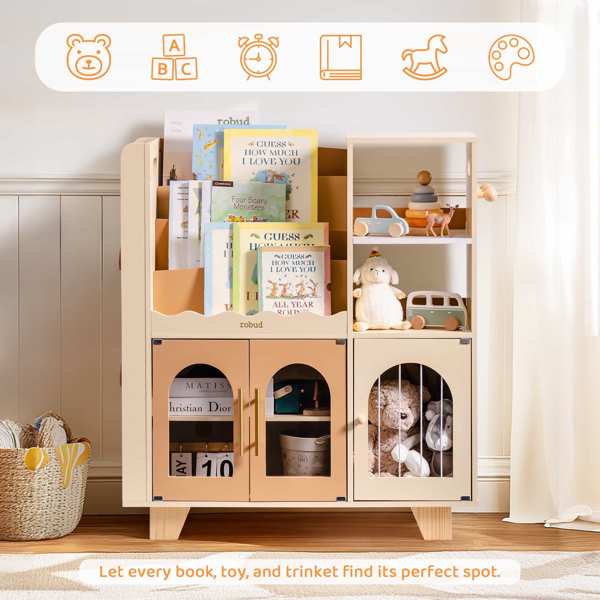 ROBUD Toy Storage Organizer All-in-One, Kids Wooden Bookshelf with