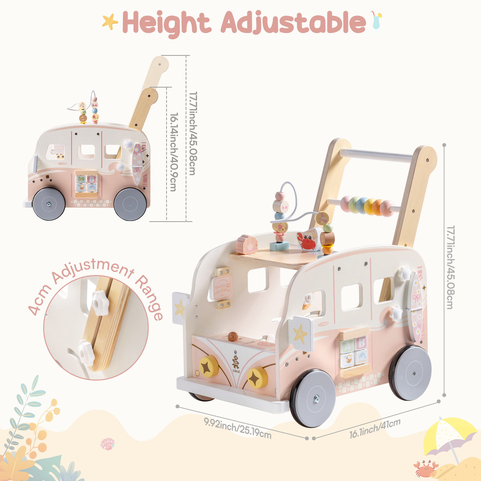 ROBUD Wooden Baby Push Walker - Pink Vacation Bus	