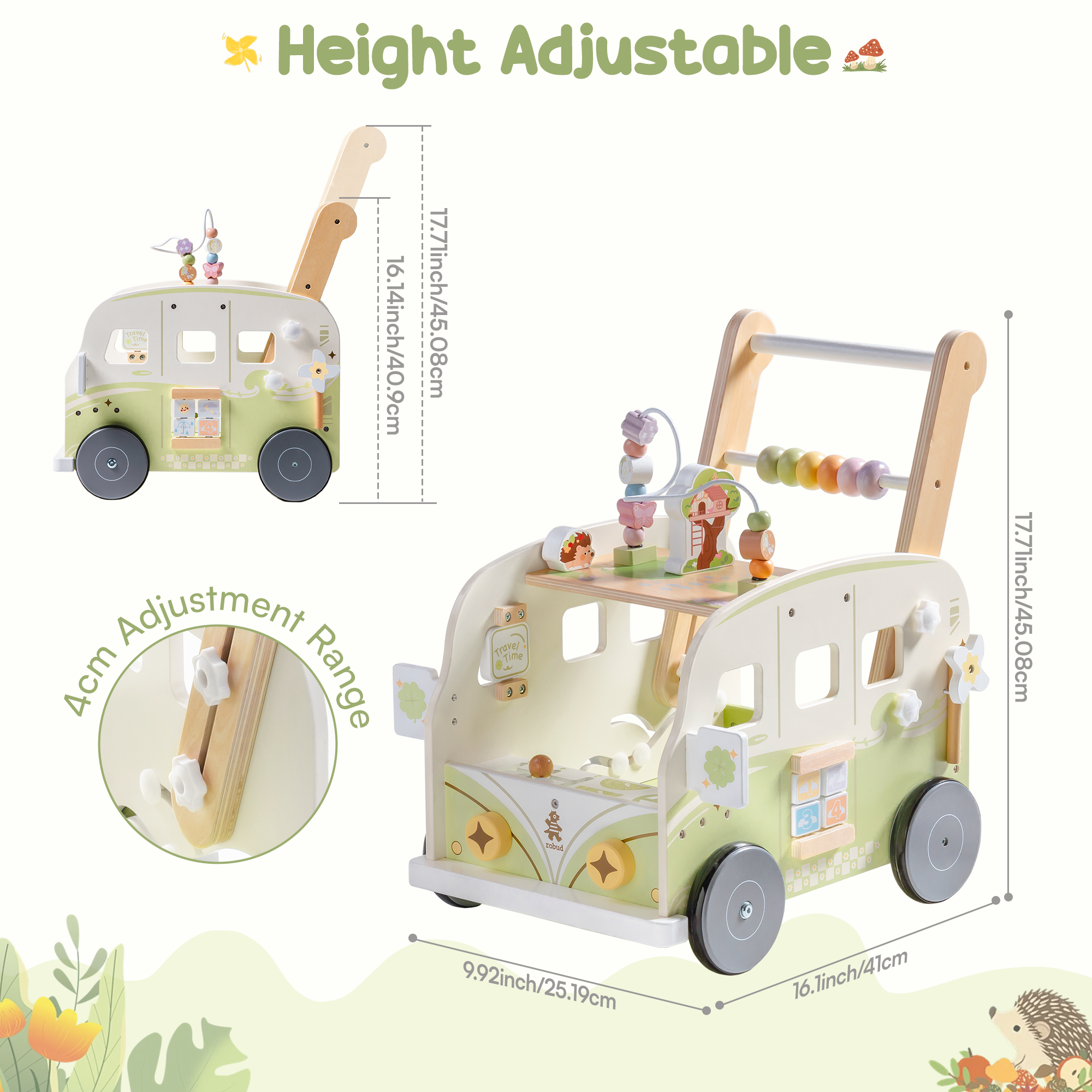 ROBUD Wooden Baby Push Walker - Green Vacation Bus	