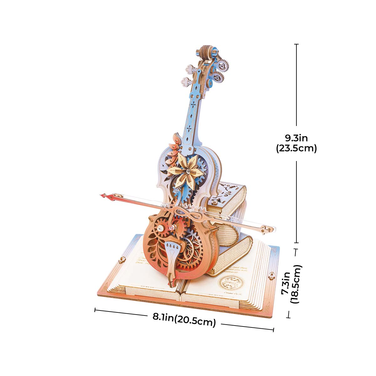 ROKR Symphony of Gorgeous Dreams music box puzzle, showing violin design with size measurements on white background.