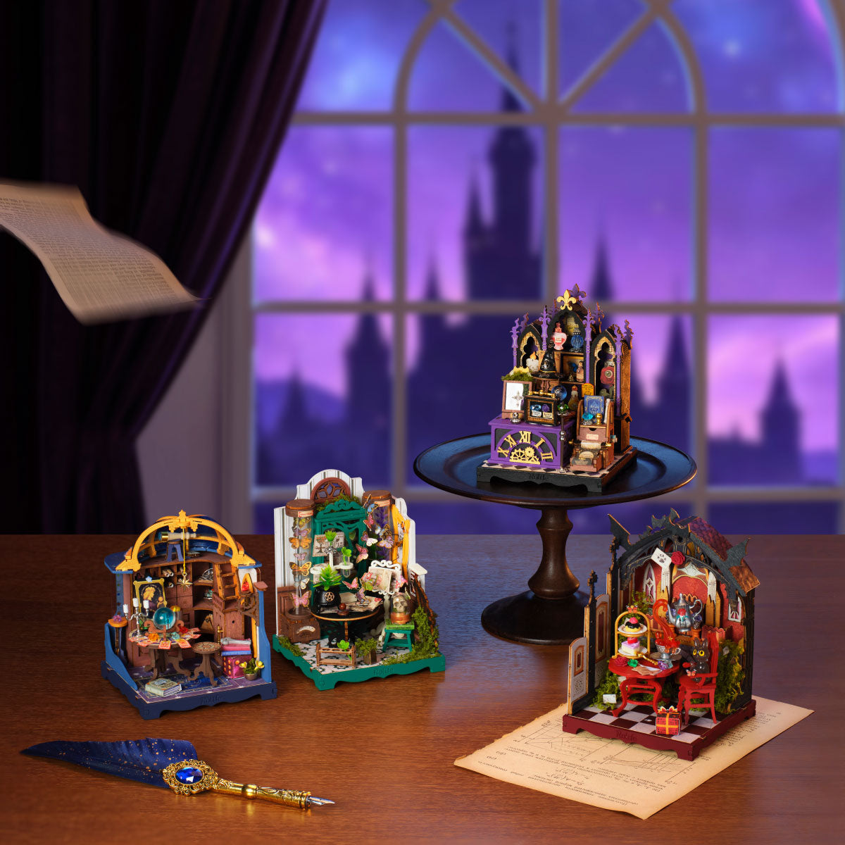 Rolife Magic House series miniatures displayed beside a purple arched window with Rosa Salon, Curio Corner, Potions Workshop and Astral Dome scenes