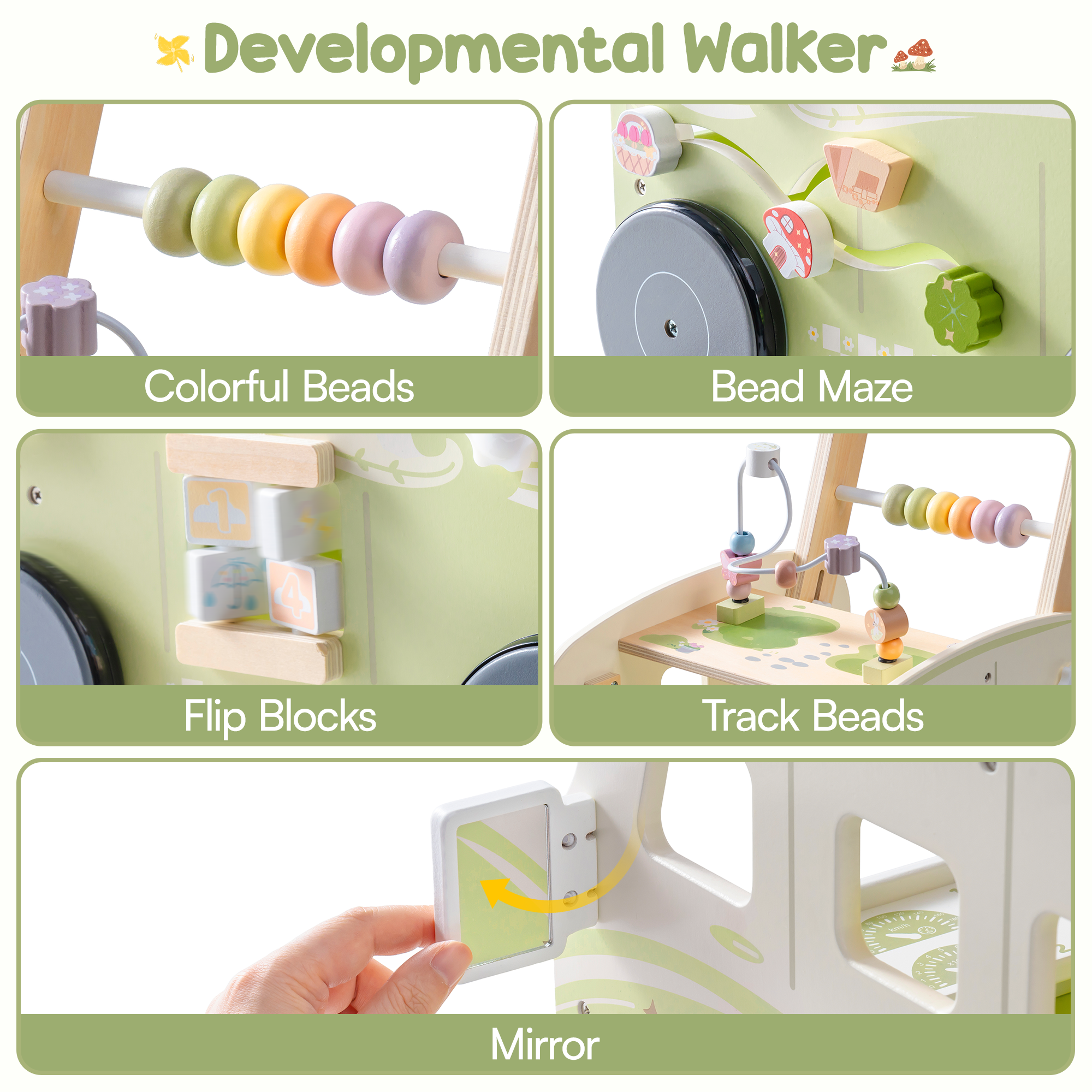 ROBUD Wooden Baby Push Walker - Green Vacation Bus	