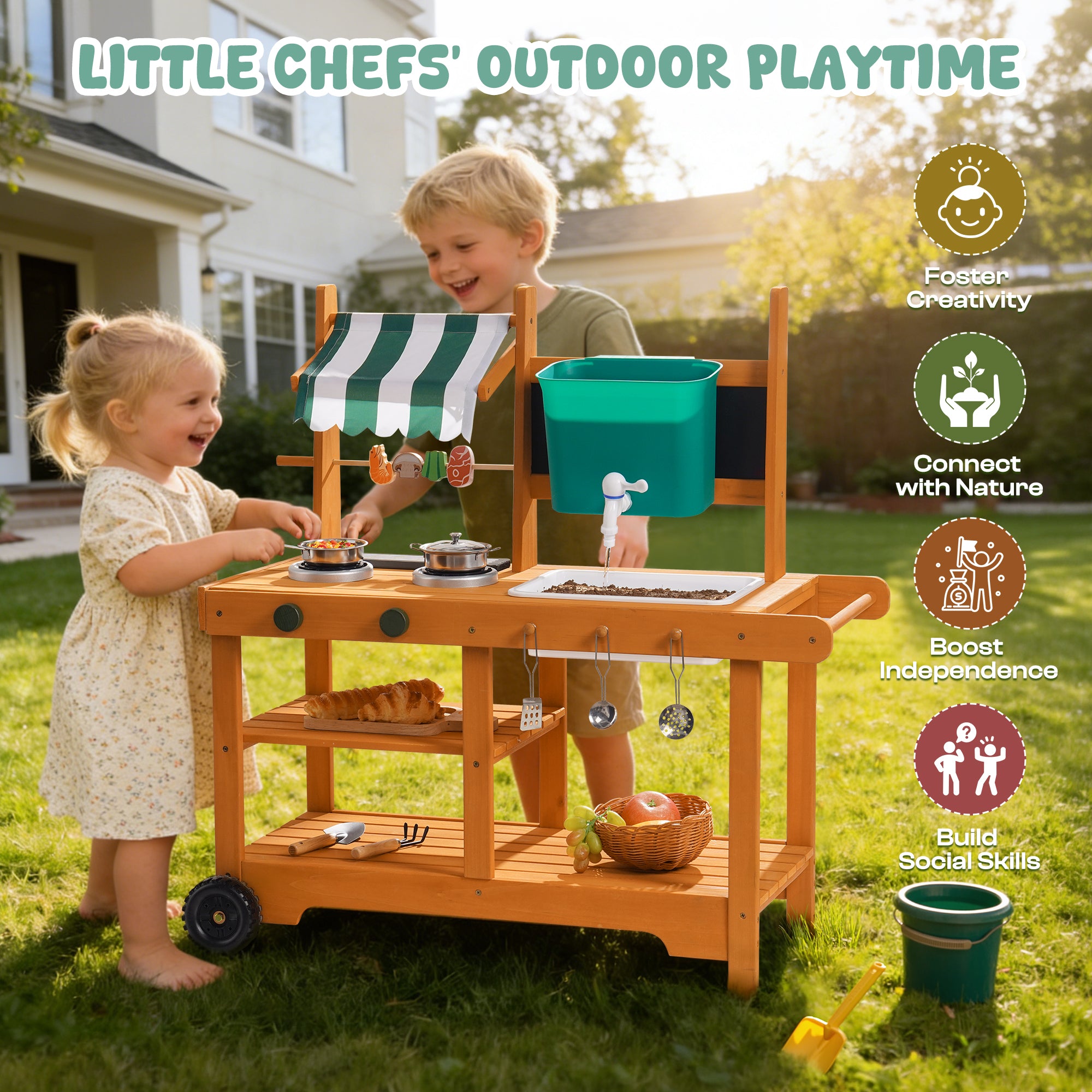 ROBUD Mud Kitchen for Kids Outdoor with Canopy & Wheels	