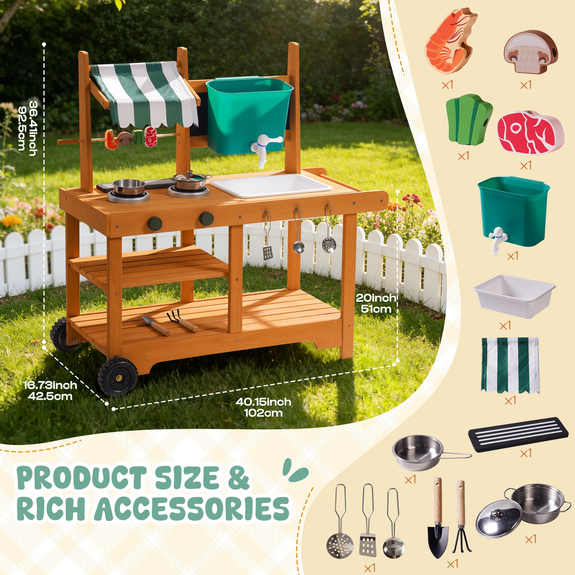 ROBUD Mud Kitchen for Kids Outdoor with Canopy & Wheels	
