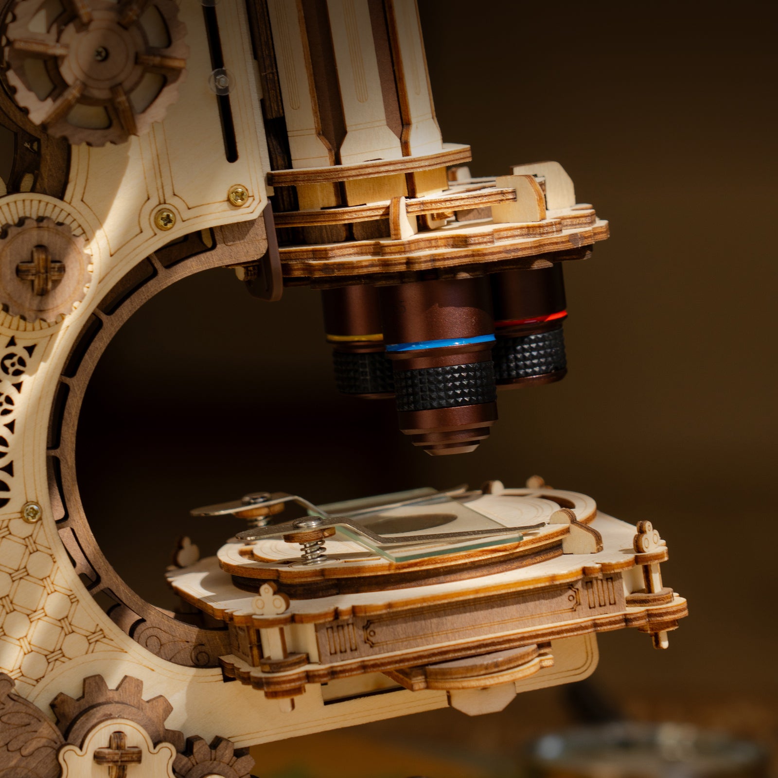 Close-up of the ROKR wooden microscope nosepiece showing multicolor objective lens rings with warm amber bokeh background