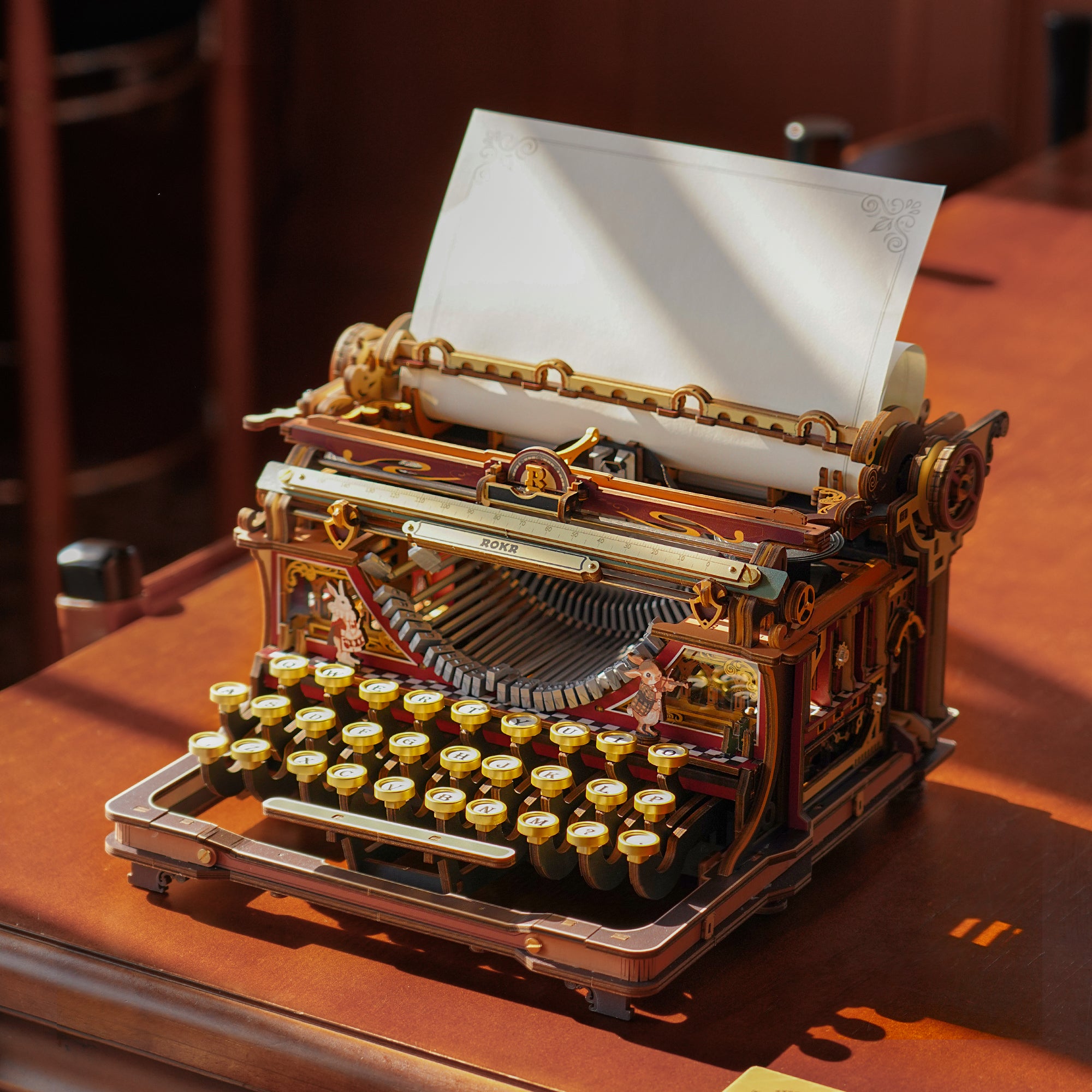 ROKR Mechanical Typewriter Wooden 3D Puzzle LK703C (Magic Version) LK703C, parts and pieces laid out before assembly