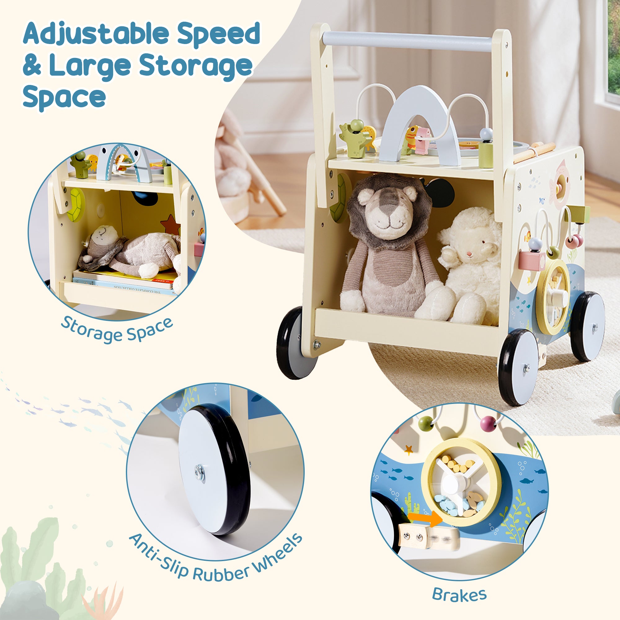 ROBUD Wooden Baby Push Walker - Underwater World	