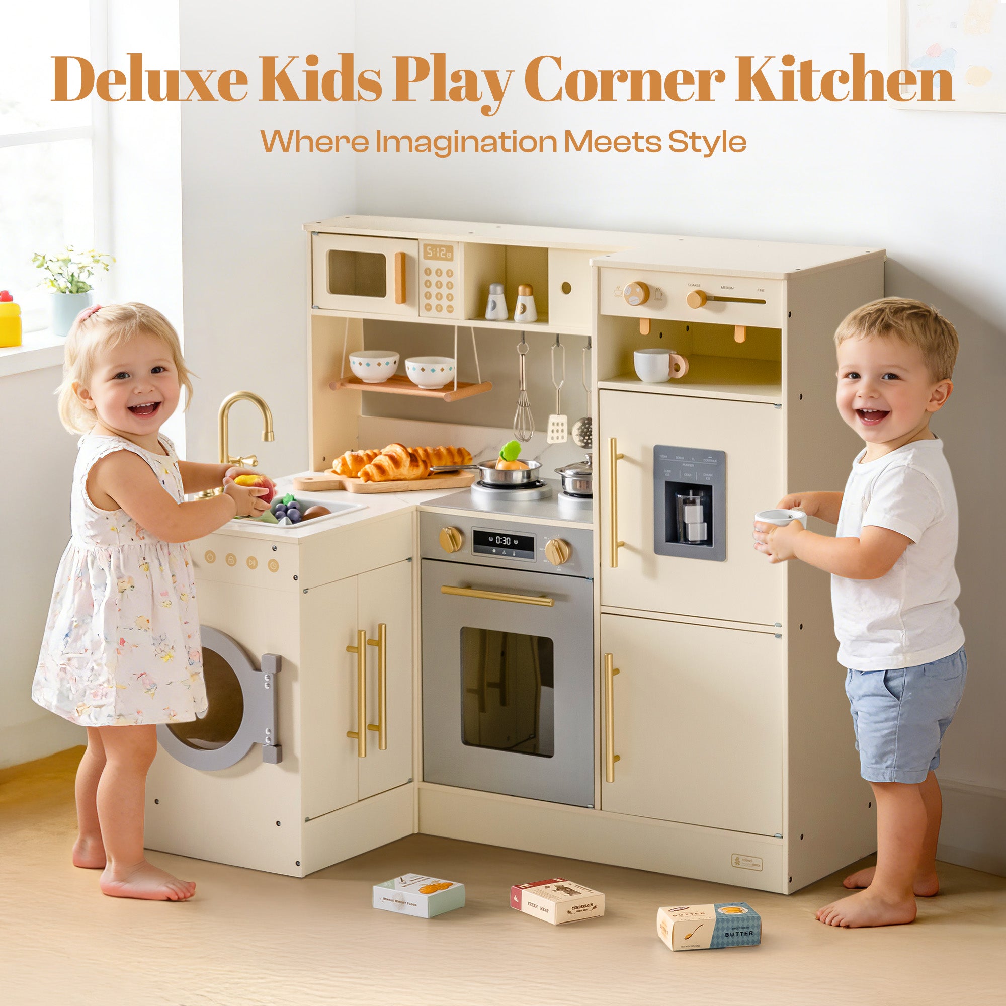 ROBUD  Pretend Corner Kitchen with All-in-One & Combination-Style	