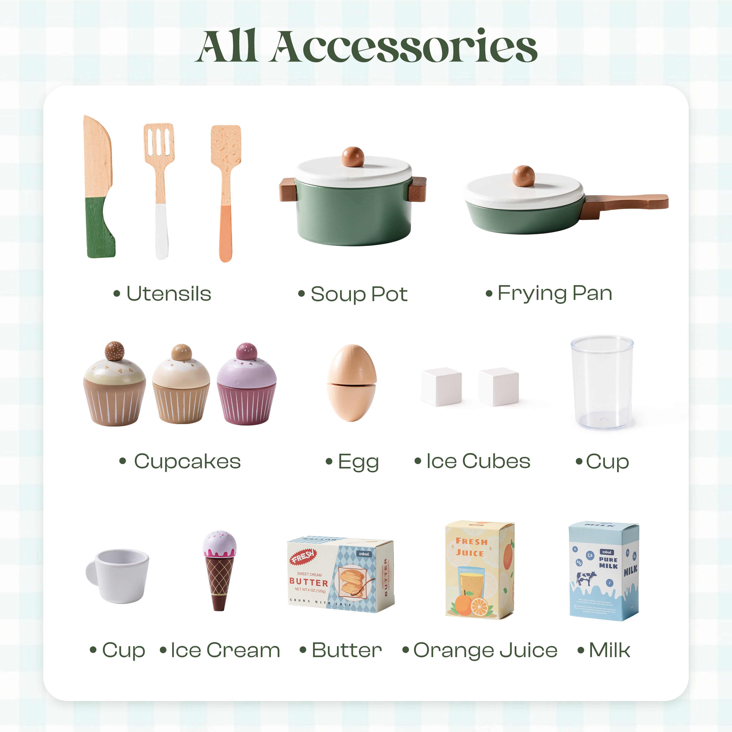 ROBUD Wooden 3 Pieces Kids Kitchen Playset -  Vintage Green	