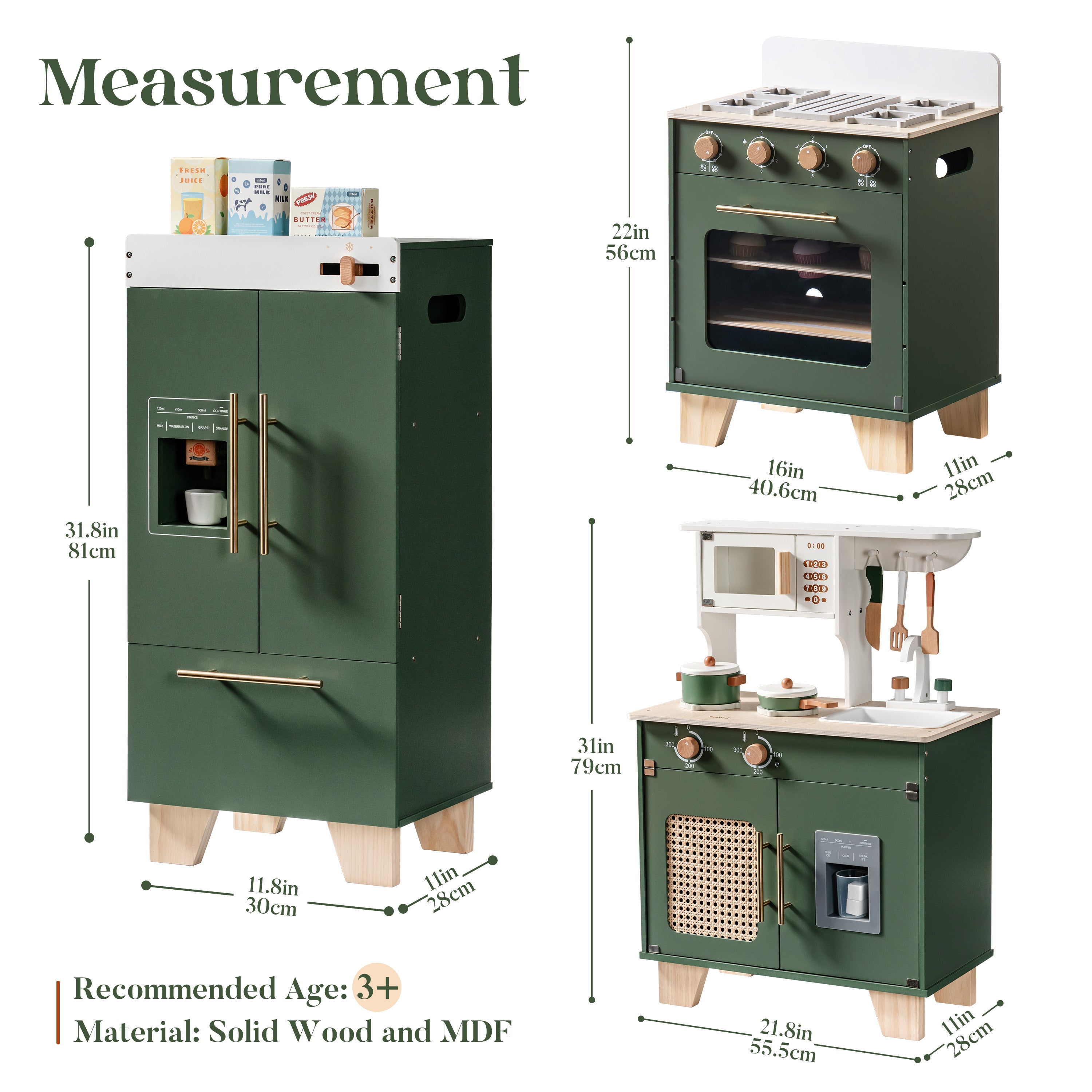 ROBUD Wooden 3 Pieces Kids Kitchen Playset -  Vintage Green	