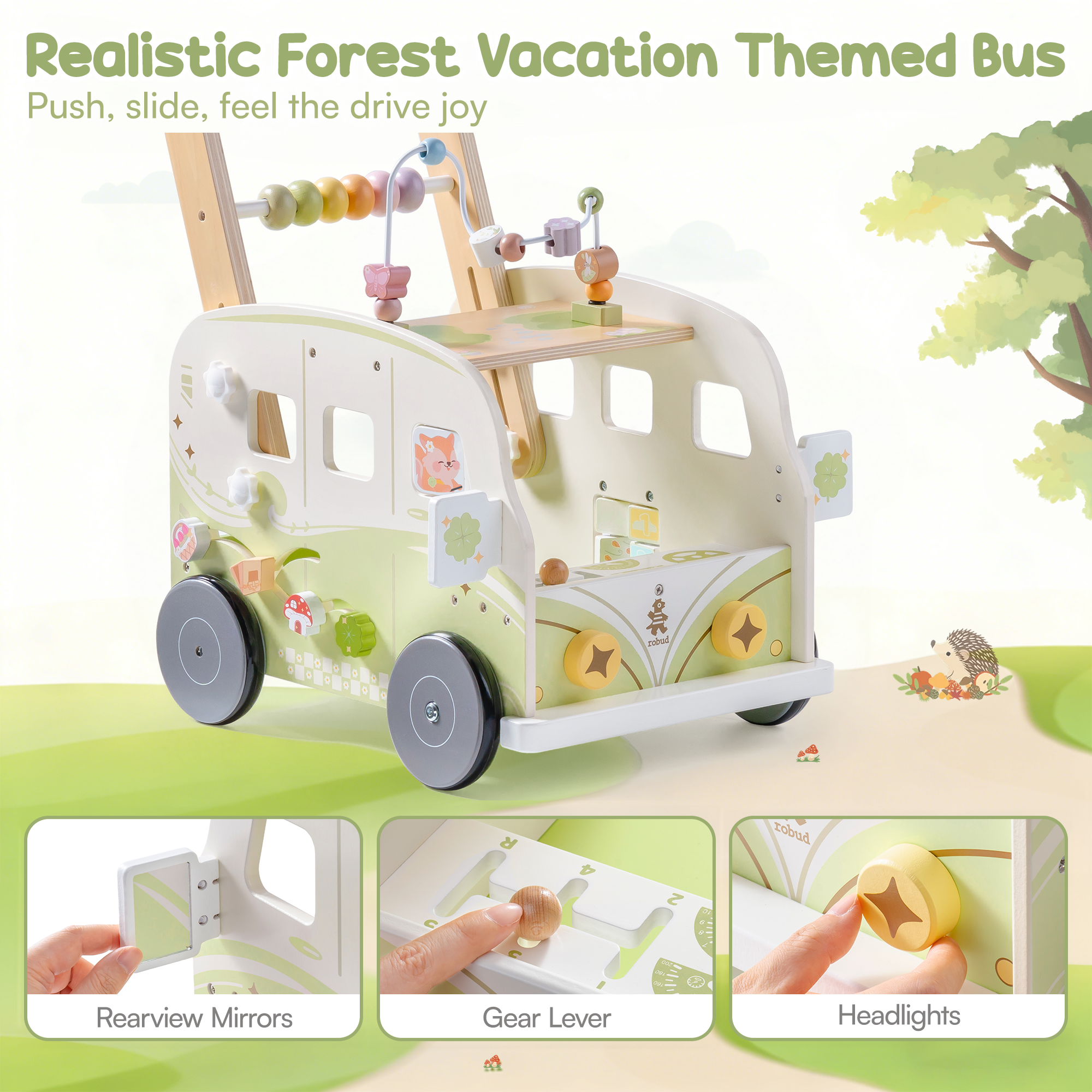 ROBUD Wooden Baby Push Walker - Green Vacation Bus	