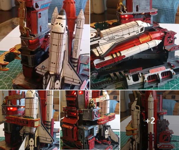 Robotime NASA Space Shuttle wooden model collage showing assembly stages with launch tower and orbiter sections