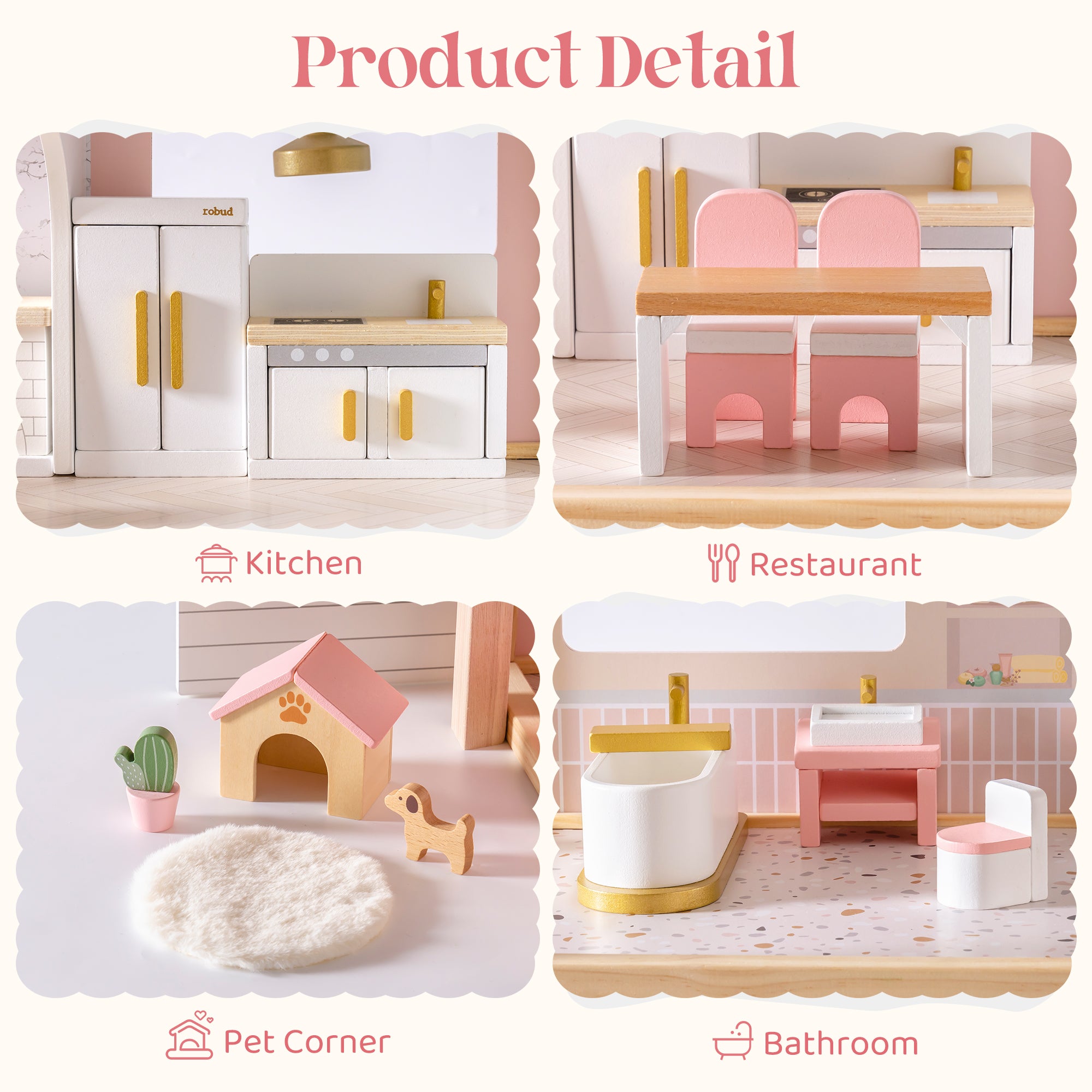 ROBUD Wooden Dollhouse Furniture Set - Pink	