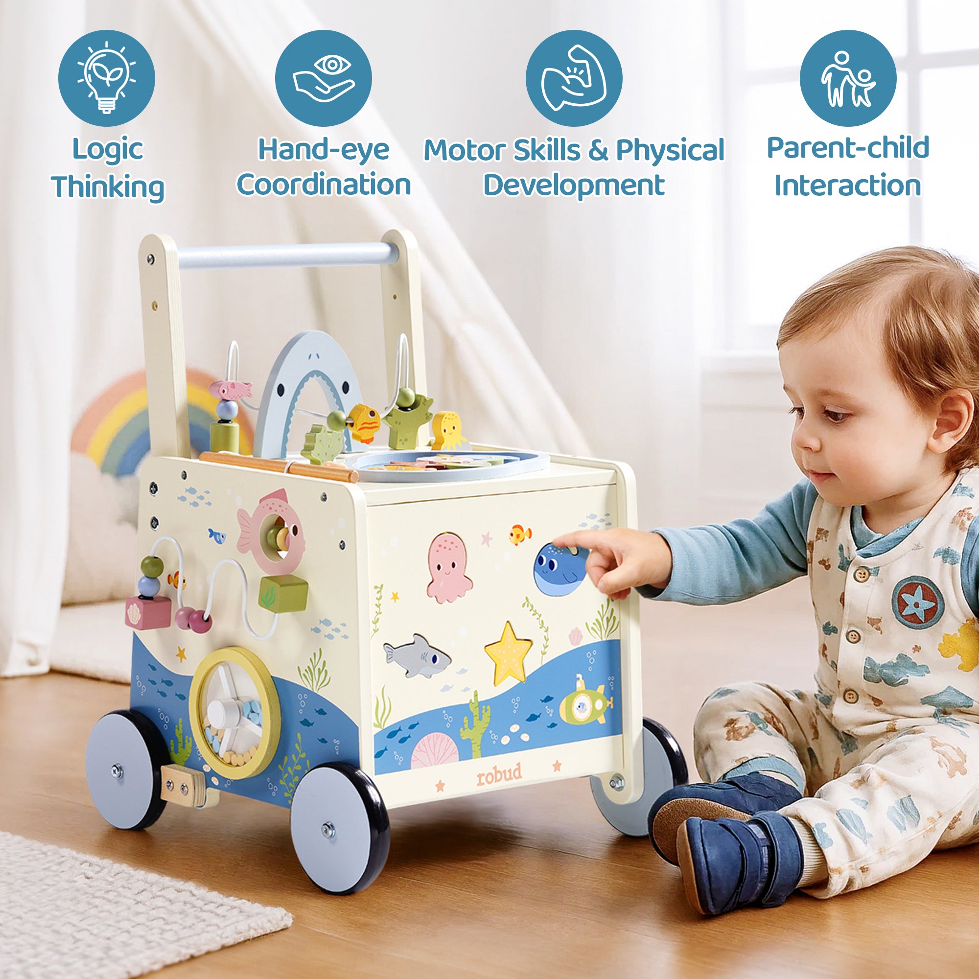 ROBUD Wooden Baby Push Walker - Underwater World	