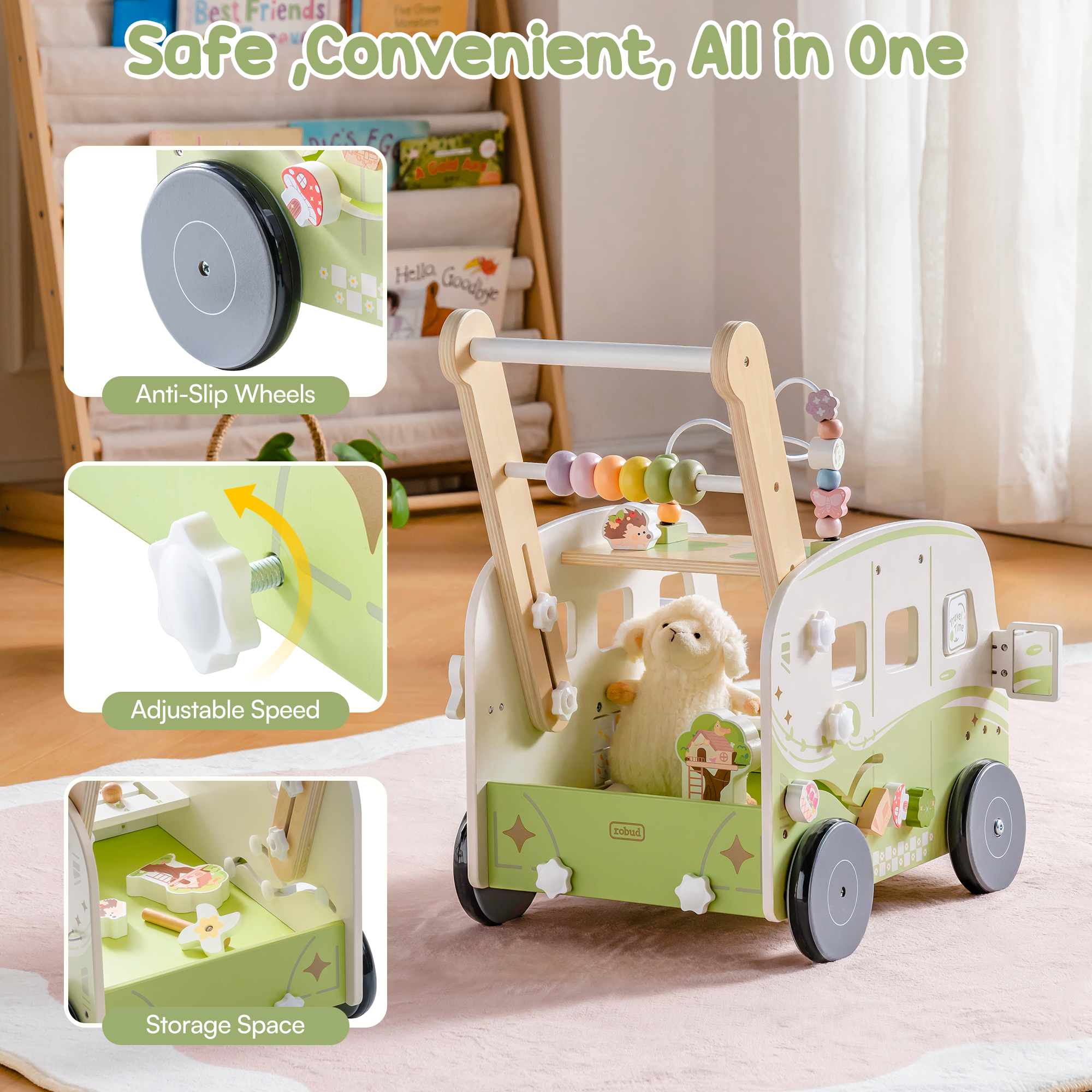 ROBUD Wooden Baby Push Walker - Green Vacation Bus	