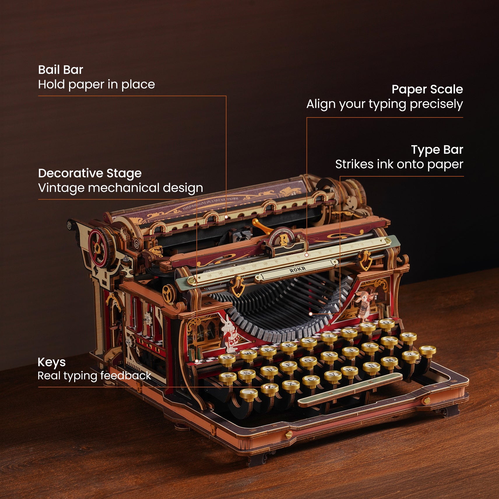 ROKR Mechanical Typewriter Wooden 3D Puzzle LK703C (Magic Version) LK703C, top-down view of layout and arrangement