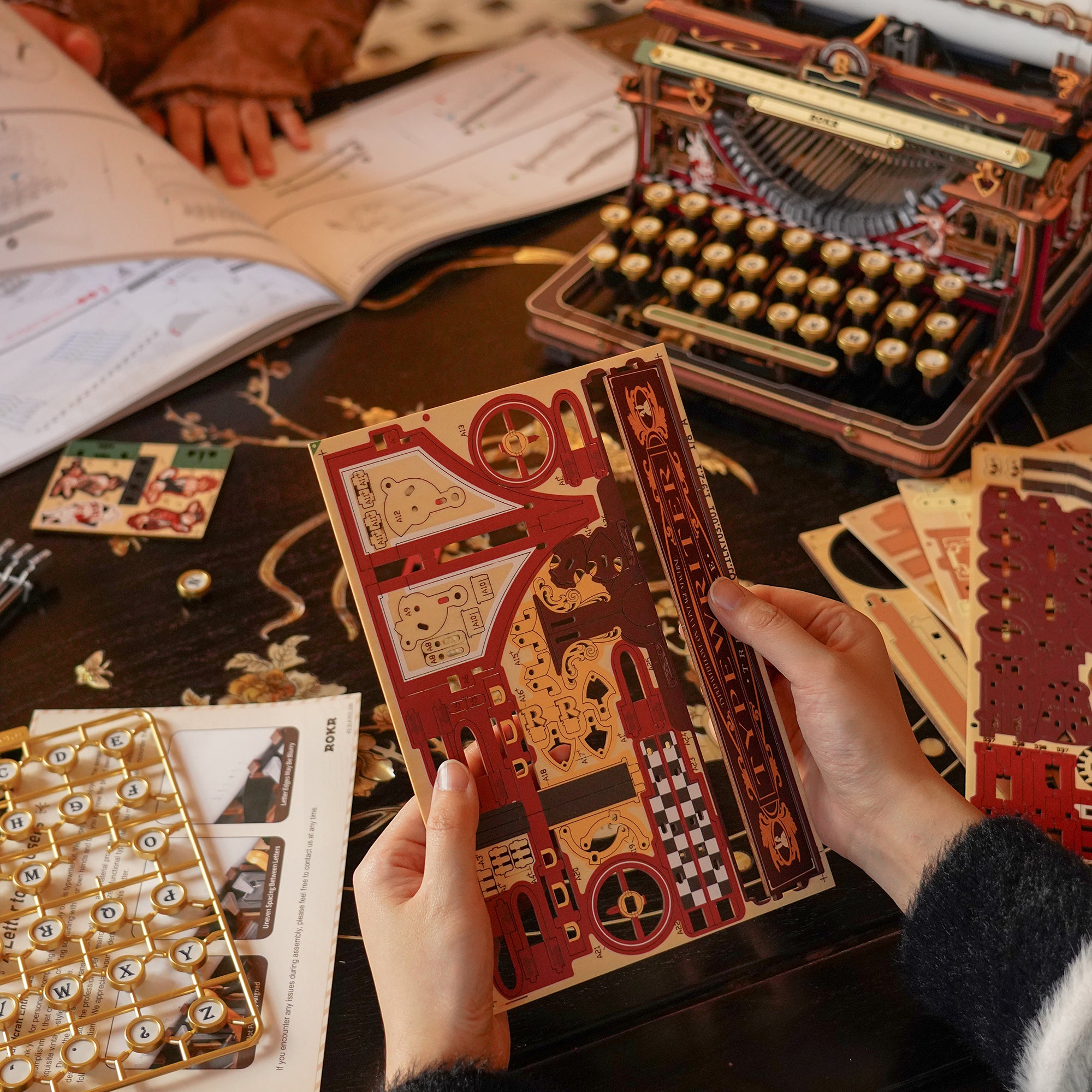 ROKR Mechanical Typewriter Wooden 3D Puzzle LK703C (Magic Version) LK703C, styled lifestyle scene with model assembled