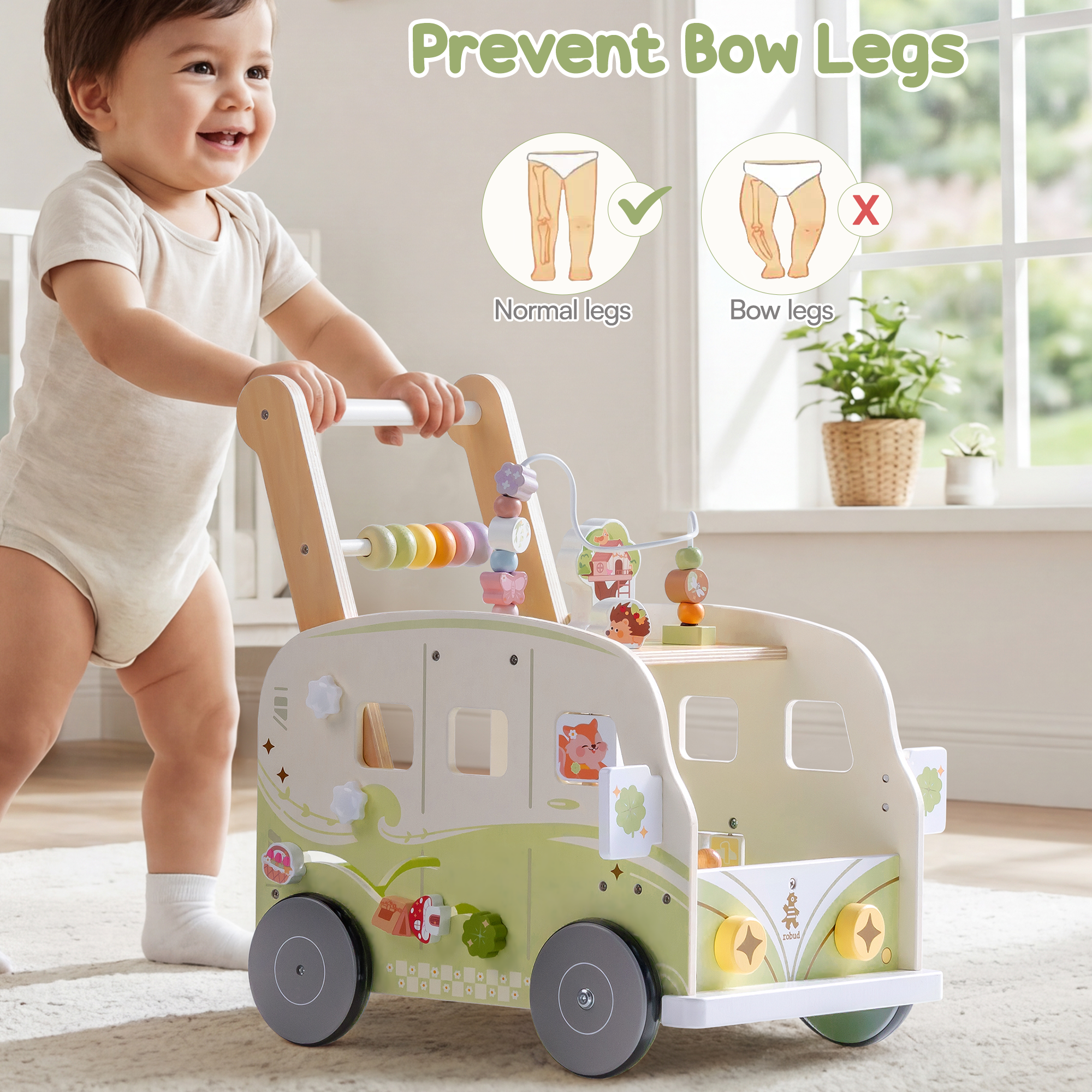 ROBUD Wooden Baby Push Walker - Green Vacation Bus	