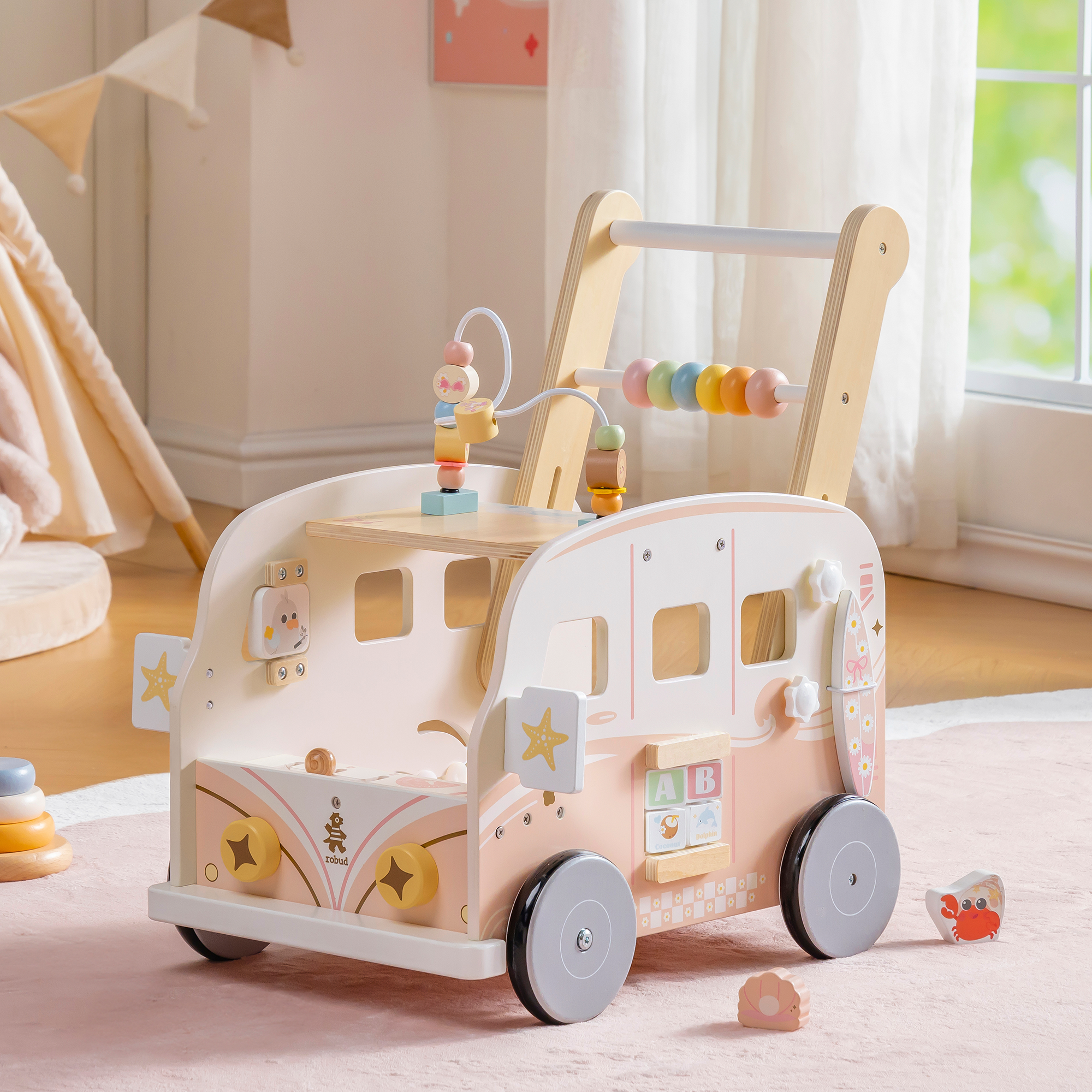 ROBUD Wooden Baby Push Walker - Pink Vacation Bus	