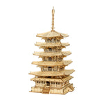 Rolife Five-storied Pagoda TGN02 3D wooden architecture puzzle, front view on a neutral background