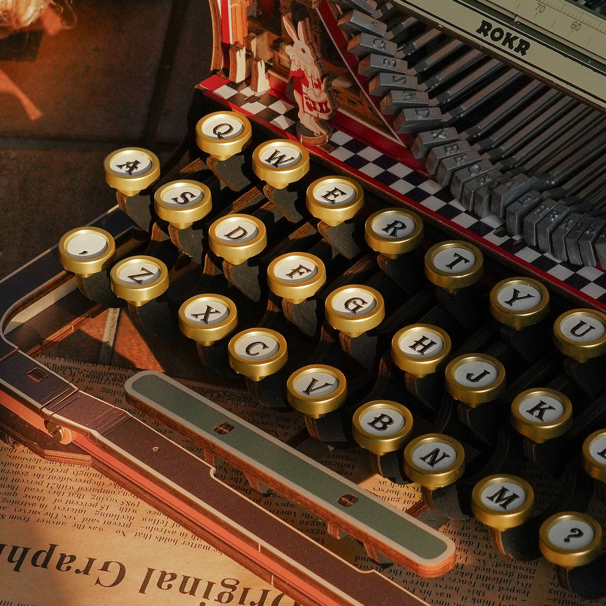 ROKR Mechanical Typewriter Wooden 3D Puzzle LK703C (Magic Version) LK703C, detail of decorative elements and finish