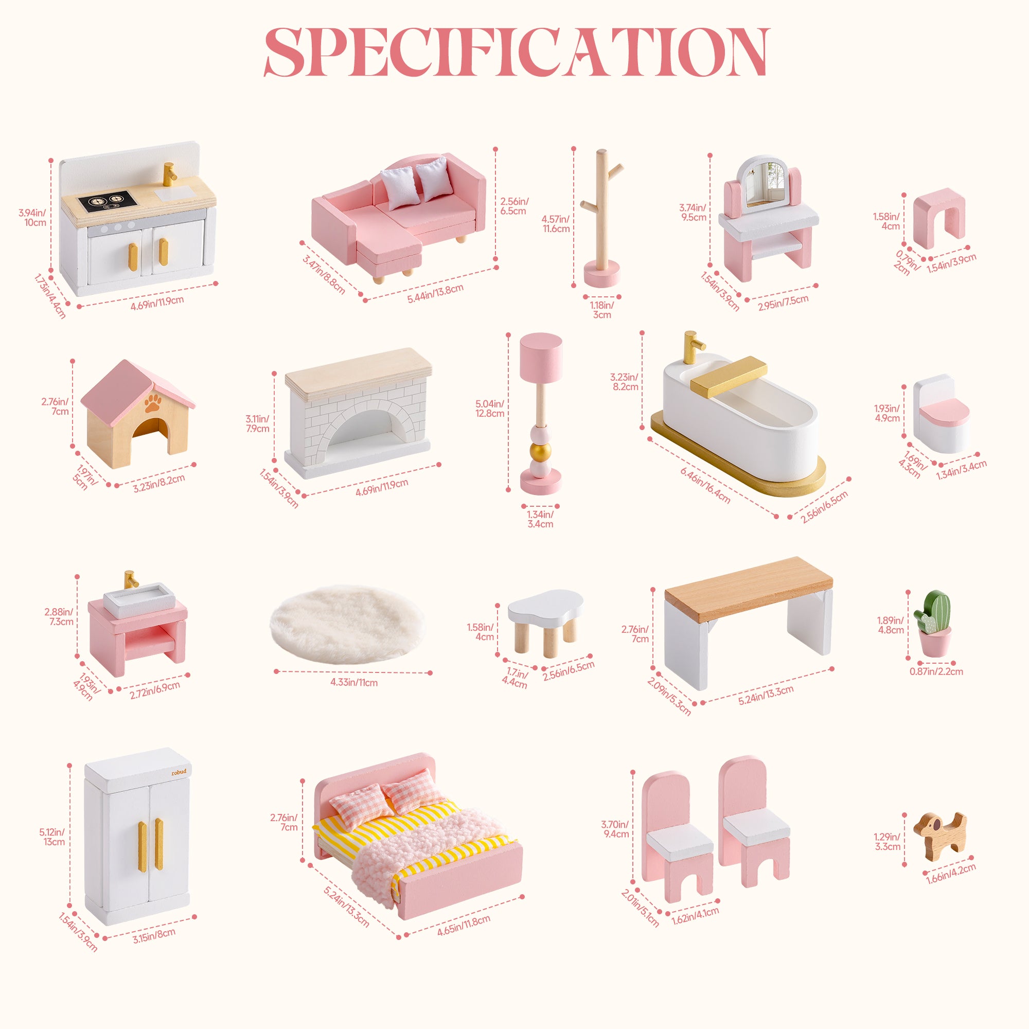 ROBUD Wooden Dollhouse Furniture Set - Pink	